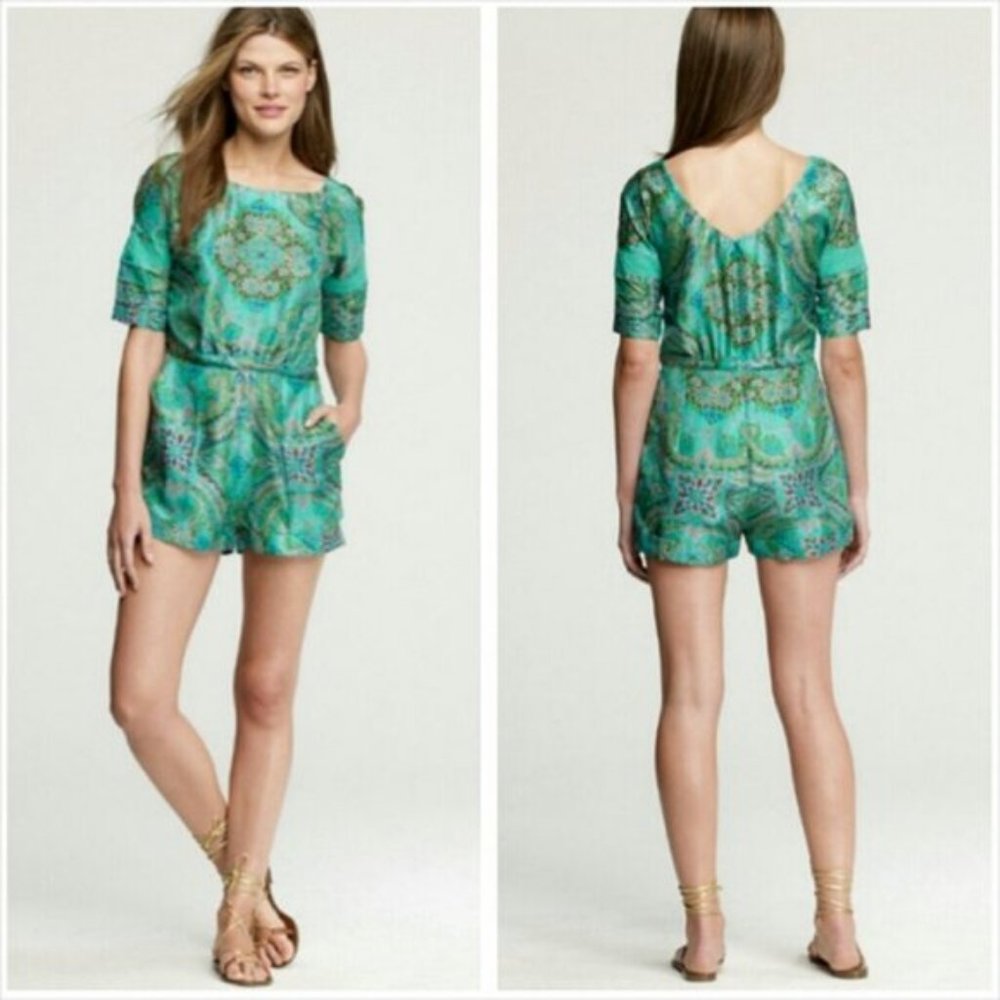 J. Crew Green Paisley Short Sleeve Romper